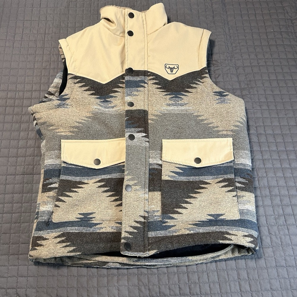 PLATINI Mens Western Vest Jacket Faux Fur Lined Size XL Aztec Full Zip